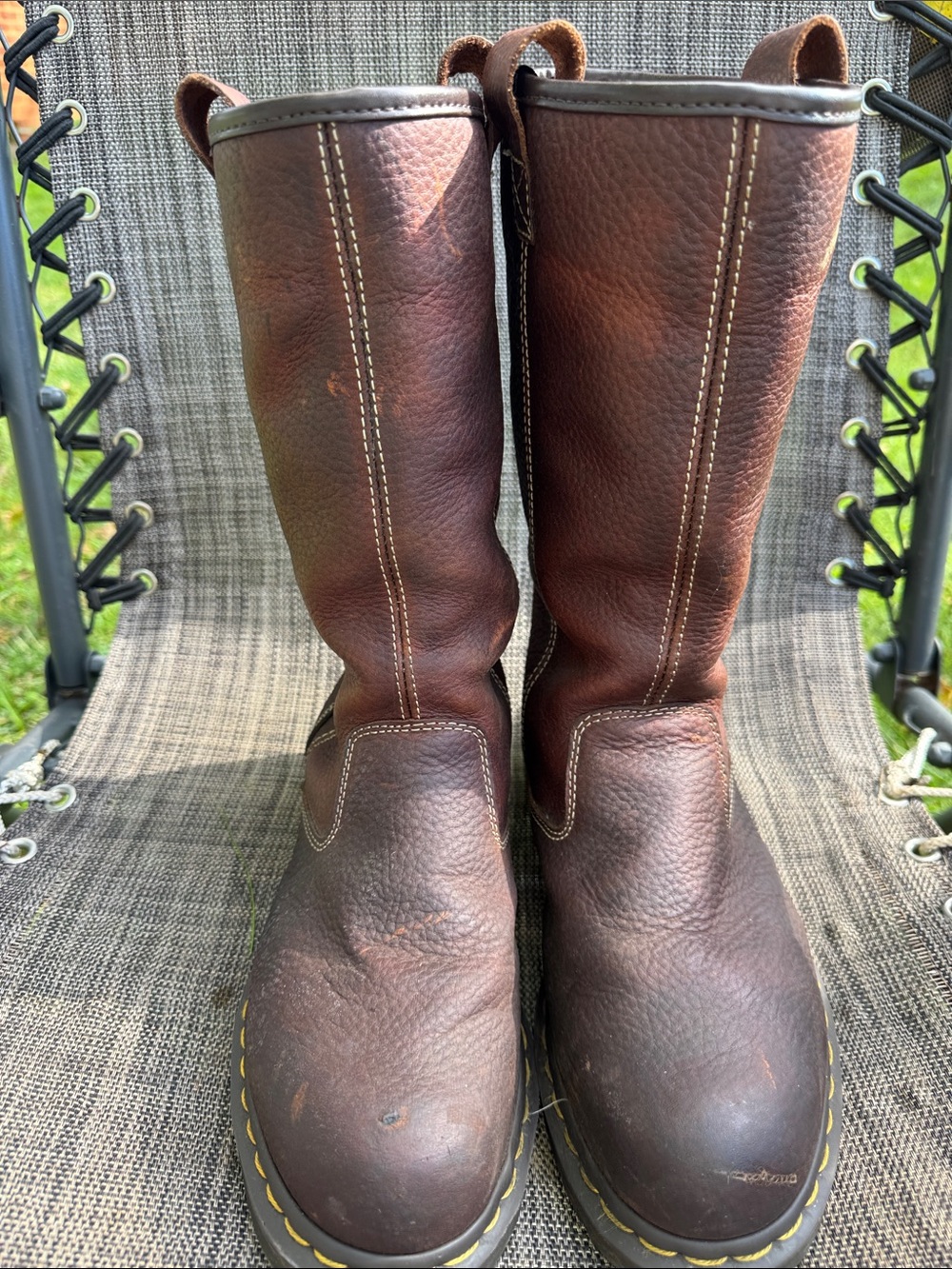 Dr. Martens Women's Dark Brown Leather Pull-On Combat Boots with steel toe